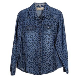 Life Style Blue Denim Animal Print Roll Tab Sleeve Button Down Shirt Women's L